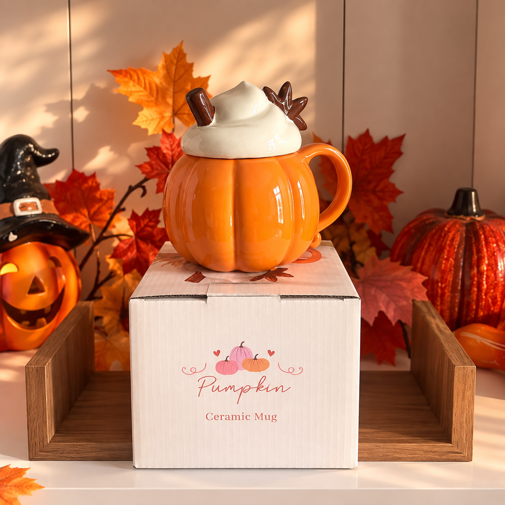 Kürbis Tasse mit Deckel 400 ml | Pumpkin Becher Herbst Kaffee Tee Geschenk